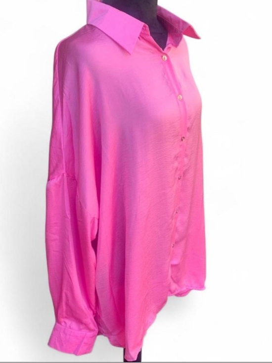 LLove Tops - Oversized Corporate Core Drop Shoulder Pink Button Up Long Sleeve Top